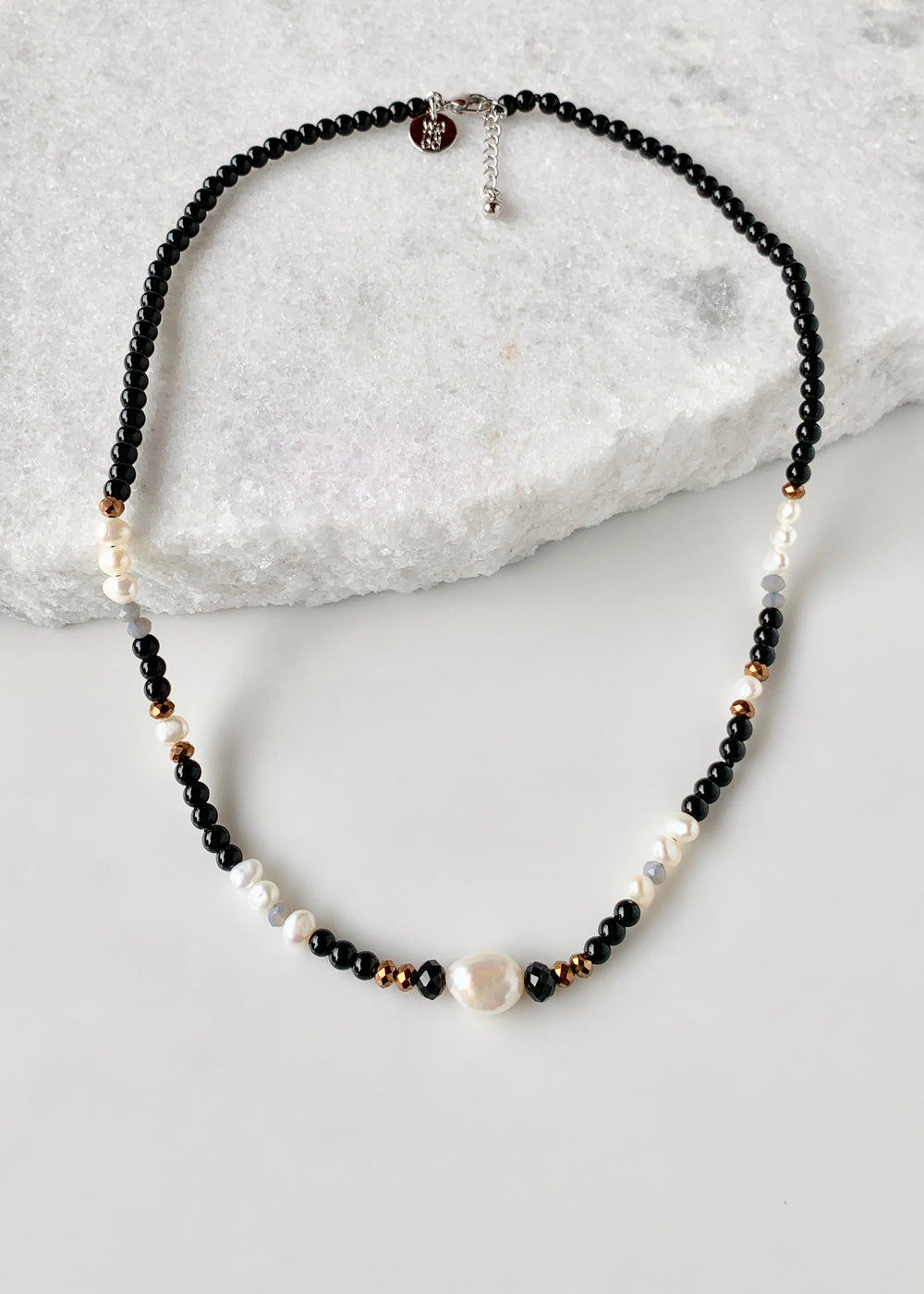 Necklace with White Freshwater Pearls, Faceted Black Crystal and Black Agate