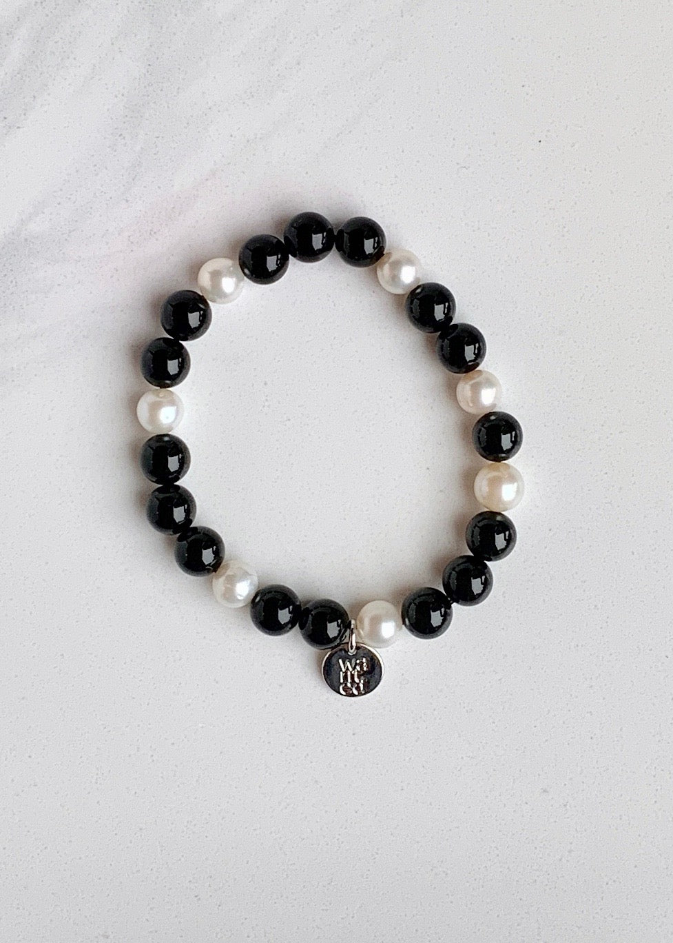 White Freshwater Pearl with Black Agate Stretch Bracelet.  Perfect for layering!
