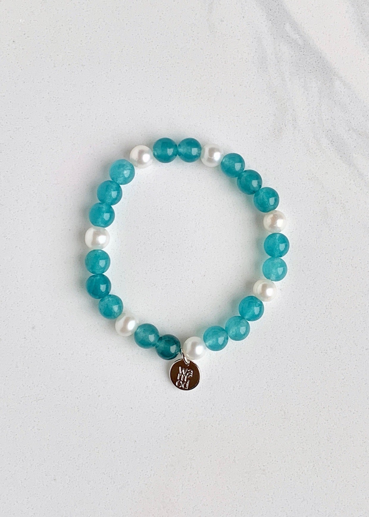 White Freshwater Pearl with Teal Agate Stretch Bracelet.  Perfect for layering!