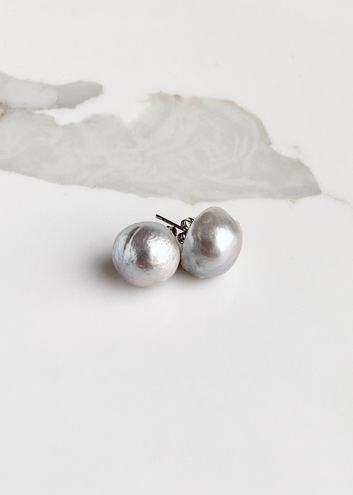 Extra Large Silver Baroque Freshwater Pearl Earrings on Sterling Silver Studs