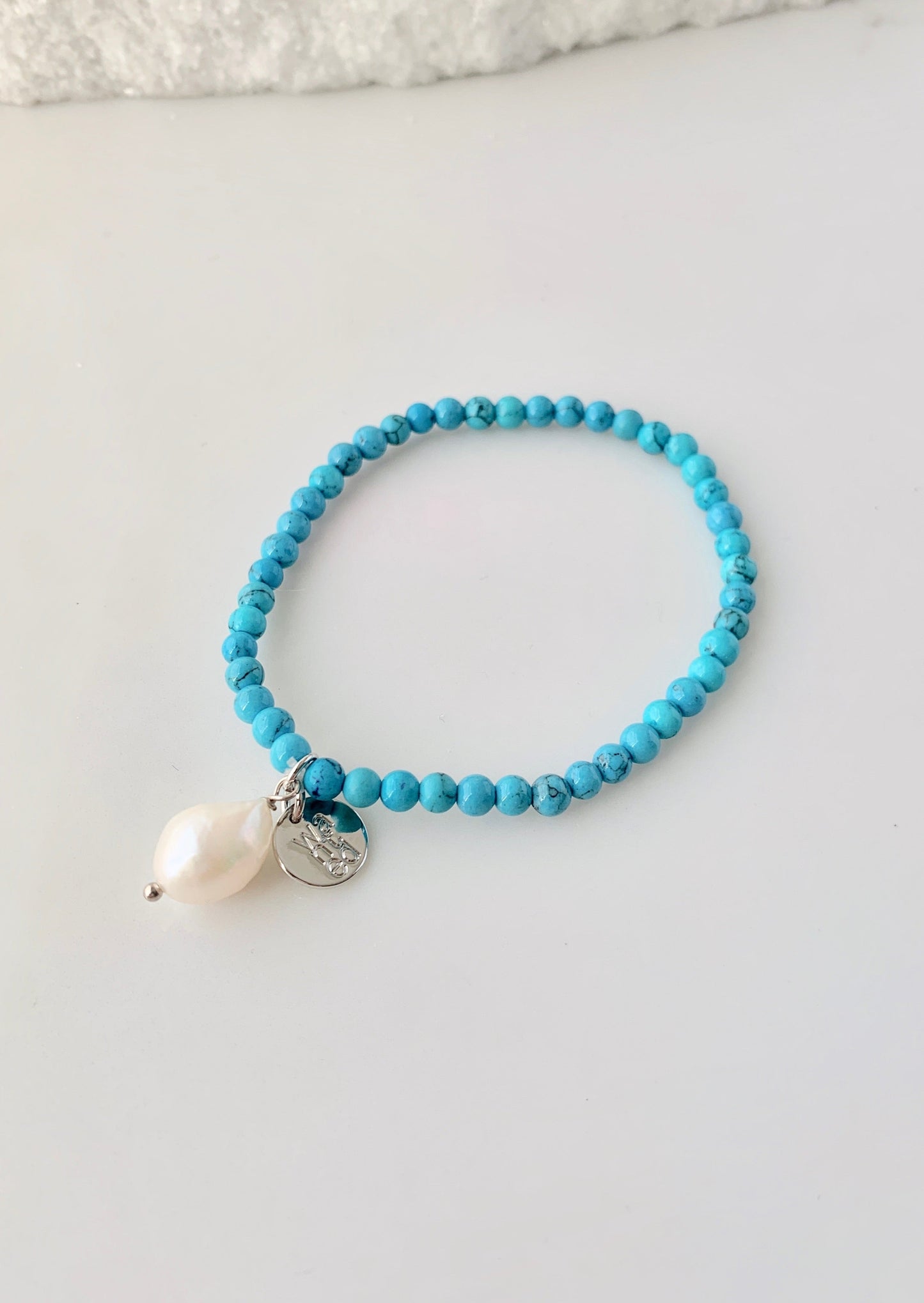 Stackable Turquoise Agate Bracelet with White Baroque Freshwater Pearl Drop.