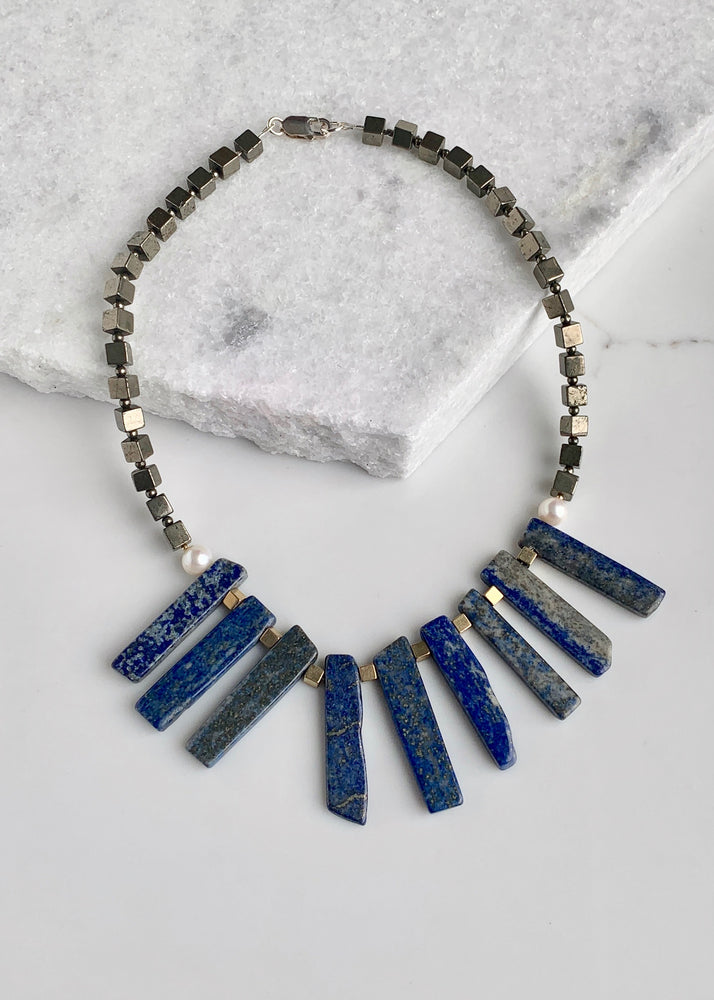 LAPIS, PYRITE & PEARL NECKLACE - WANTED ONE OF A KIND