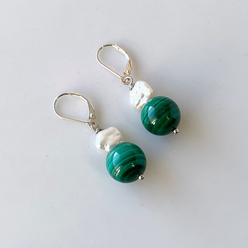 Green Malachite and White Stick Pearl Earrings set on Sterling Silver Leverbacks.
