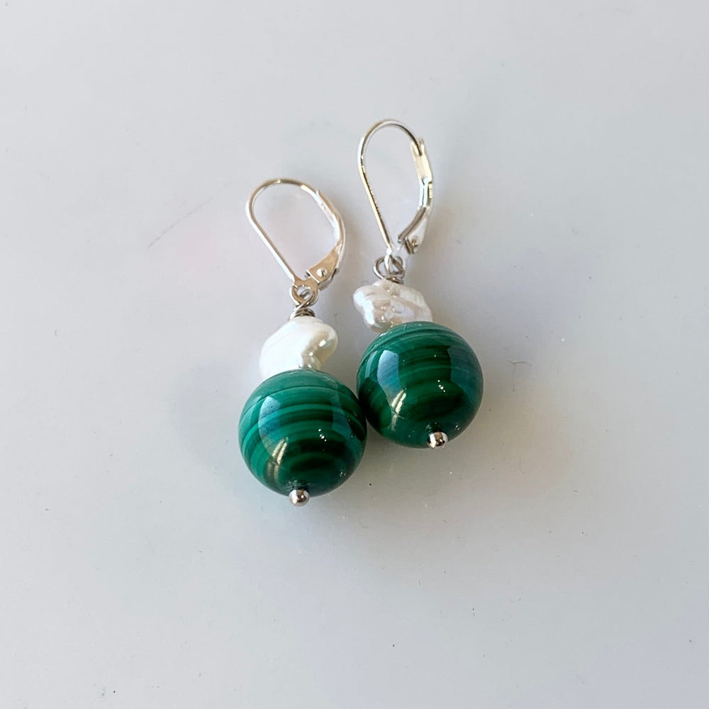 Green Malachite and White Stick Pearl Earrings set on Sterling Silver Leverbacks.