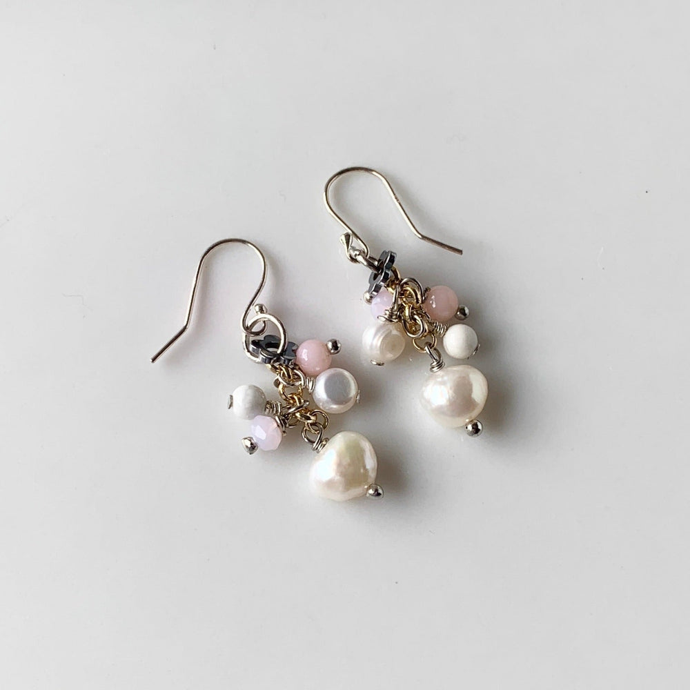 A Pretty Combination of Pearls with Pink Opal, Crystal, and a Small Flower Bead on a Gold Plated Chain Make up this Earring with Sterling Silver Ear Wires.